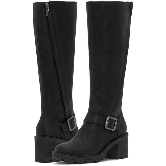 NWOT Lucky Brand Real Leather Scoty Buckled Stacked-Heel Tall Riding Boots - Picture 1 of 7